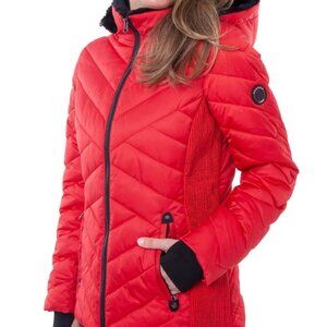Nautica Jacket Chevron Water Resistant Puffer Full Zip Removable Hood Red Size M